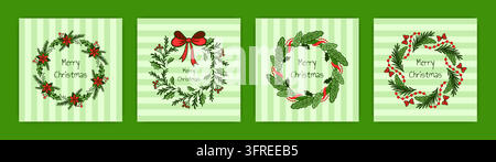Set di carte con ghirlande natalizie. Modelli di auguri per le feste disegnati a mano con rami di sempreverdi, bacche e fiocchi su sfondo a righe, cornice decorativa festosa. Illustrazione vettoriale piatta in stile cartone animato isolata Illustrazione Vettoriale