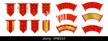 Rotolo cinese. Cornice per banner 3D di Capodanno, elementi in carta rossa cinese. Etichetta festiva per involtino di primavera, gioco giapponese. Banner festivi con ornamenti dorati. Bandiere sospese tradizionali. Set vettoriale realistico isolato Illustrazione Vettoriale