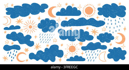 Set di nuvole a matita. Sole, tempo piovoso e luna, stelle disegnate a mano da bambini. Testura carina di matita per bambini, schizzo infantile, simboli atmosferici per le previsioni, elemento di sfondo decorativo. Illustrazione vettoriale Illustrazione Vettoriale