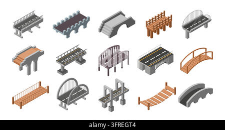 Set di ponti isometrici. Design di ponti stradali e pedonali in cemento e legno, elementi di infrastruttura di trasporto, oggetto di costruzione e architettura, illustrazione isolata in stile piatto di cartone animato vettoriale Illustrazione Vettoriale
