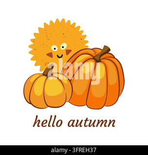 Composizione autunnale sorridente. Personaggio carino del sole con due zucche e scritte a mano, raccolta stagionale autunnale, decorazione design di auguri giocoso per carte festive. Illustrazione isolata in stile cartone animato vettoriale Illustrazione Vettoriale