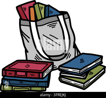 Una borsa piena di libri e una pila di libri Illustrazione Vettoriale