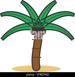 Illustrazione vettoriale piatta di una palma tropicale con tronco curvo, fronde arcuate e noci di cocco, isolata su sfondo bianco. Illustrazione Vettoriale
