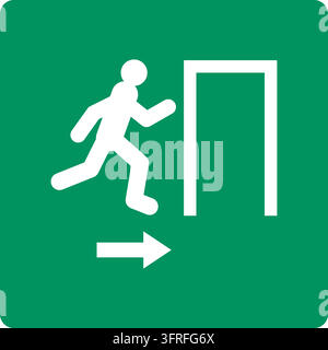 Segnale di sicurezza verde con una persona che corre, una porta e una freccia verso destra. Pittogramma di progettazione propria nello stile dei segnali di sicurezza ISO 7010; non il Illustrazione Vettoriale