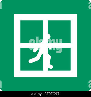 Segnale di sicurezza verde con una finestra da cui una persona sta uscendo. Pittogramma di progettazione propria nello stile dei segnali di sicurezza ISO 7010; non è lo standard ufficiale Illustrazione Vettoriale