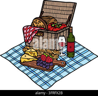 Cestino da picnic, tagliere di formaggi e vino Illustrazione Vettoriale