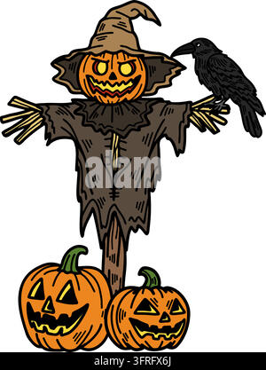 Zucca intagliata vestita da spaventapasseri con un corvo Illustrazione Vettoriale
