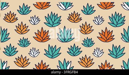 Piante succulente disegnate a mano in un motivo senza cuciture ripetitivo con flora desertica Illustrazione Vettoriale