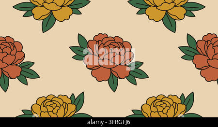 Modello floreale senza cuciture con peonie in fiore e foglie verdi Illustrazione Vettoriale