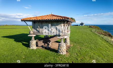Granaio horreo tradizionale asturiano su una scogliera verde vicino al mare, Asturie, Spagna Foto Stock