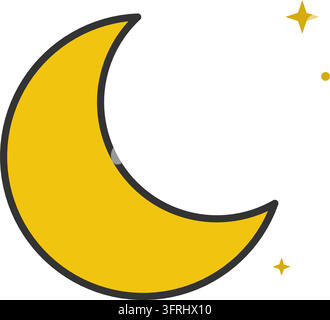 Illustrazione vettoriale piatta di una luna crescente dorata con due piccole stelle accanto, isolata su sfondo bianco. Illustrazione Vettoriale