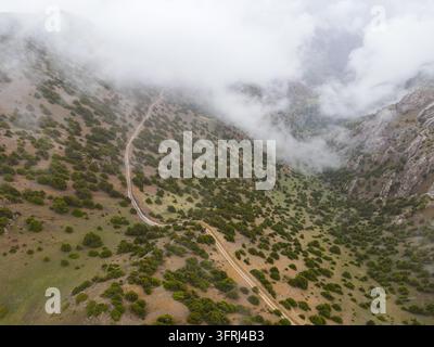 Vista aerea di una stretta strada sterrata che taglia attraverso pendici montuose punteggiate di alberi verdi e circondate da nuvole basse Foto Stock