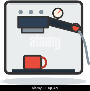 Macchina da caffè in acciaio inossidabile con portafiltro, beccuccio del vapore, manometro e tazza di caffè rossa, illustrazione vettoriale piatta isolata su sfondo bianco. Illustrazione Vettoriale