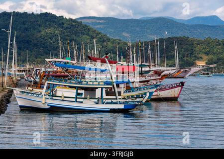 Collezione di barche da pesca colorate e schooner sono ormeggiate nella baia di Praca da Bandeira nella città storica di Paraty, Brasile. Monte verdeggiante lussureggiante Foto Stock