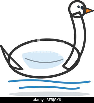 Cigno bianco elegante con collo ricurvo a forma di S grazioso e becco arancione che nuota sulle onde, illustrazione vettoriale piatta isolata su sfondo bianco. Illustrazione Vettoriale