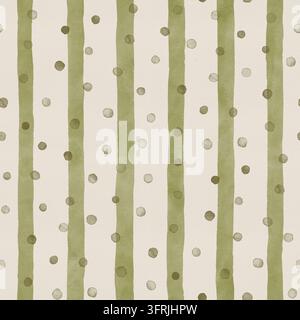 Motivo a righe senza cuciture con linea verde acquerellata e punti su sfondo beige. Tratti verticali irregolari creano una trama astratta. L'arte tessile si adatta a carte da parati e tessuti moderni. Foto Stock