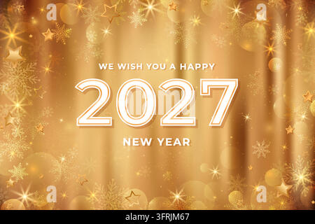 2027 Buon Anno Sfondo dorato. Design di biglietto di auguri festivo di lusso. Sfondo sfocato di Capodanno con bokeh e fiocchi di neve Illustrazione Vettoriale