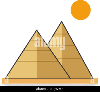 Piramidi egiziane di Giza sulla sabbia del deserto sotto un sole splendente, illustrazione vettoriale piatta isolata su sfondo bianco. Illustrazione Vettoriale