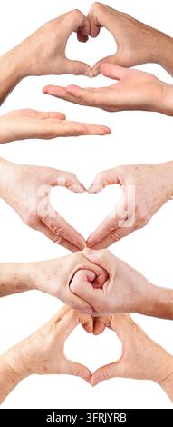 10 gesti di mani anziane, tenere, raffigurare cuore isolato su bianco, collage – Le mani formano forme di cuore in vari stili. Le dita si curvano dolcemente, creando amore Foto Stock