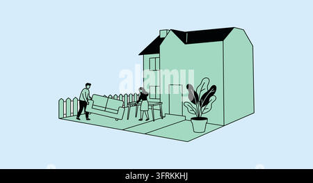 Persone che fanno giardinaggio insieme nel cortile posteriore di una casa di periferia Illustrazione Vettoriale