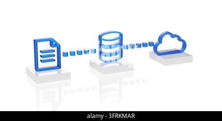 File blu, serie di icone di server o database e cloud su sfondo bianco, concetto di archiviazione o trasferimento di dati o informazioni, illustrazione 3D Foto Stock
