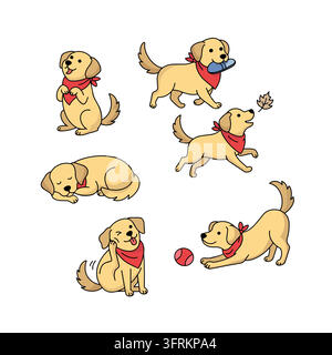 Bundle di personaggi cartoon di cucciolo Golden retriever carino in vettore. Concetto di storia di cura degli animali domestici, lealtà giocosa, hygge e amicizia. Cameretta per bambini Illustrazione Vettoriale
