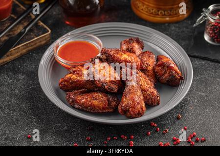 Alette di pollo piccanti con salsa su piatto grigio Foto Stock