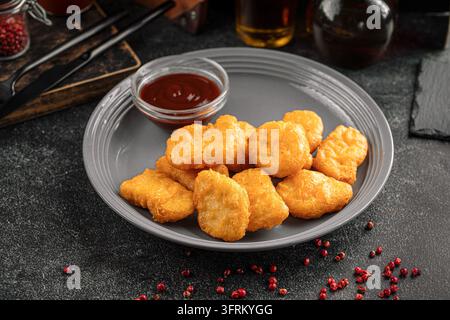 Nuggets di pollo con salsa su piatto grigio Foto Stock