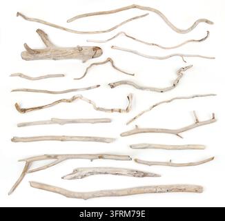 Set di rami di legno alla deriva isolati su sfondo bianco. Legno alla deriva sbiancato e secco. Foto Stock