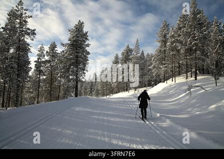 Un fondista che cammina lungo un sentiero coperto di neve attraverso una foresta invernale a Saariselkä Foto Stock