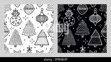Set di motivi senza cuciture natalizi in bianco e nero. Sfondi infiniti monocromi di Capodanno con alberi di Natale e giocattoli, stampa vettoriale festiva fatta a mano Illustrazione Vettoriale