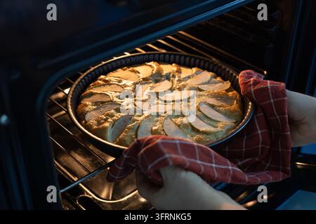 Una torta di mele fresca fatta in casa in una teglia rotonda viene rimossa con cura dal forno con un canovaccio rosso, mostrando una crosta dorata, frutta a fette e Foto Stock