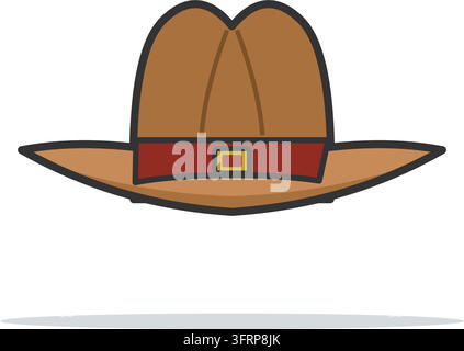 Illustrazione vettoriale piatta di un cappello da cowboy marrone con corona incassata, fascia rossa con fibbia in ottone e tesa larga, isolato su sfondo bianco. Illustrazione Vettoriale