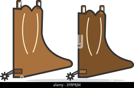 Illustrazione vettoriale piatta di un paio di stivali da cowboy in pelle marrone con punta appuntita, gambali alti e speroni a ruota, isolati su sfondo bianco. Illustrazione Vettoriale