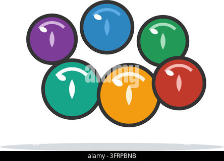 Illustrazione vettoriale piatta di sei biglie di vetro lucide in verde acqua, ambra, blu, rosso, verde e viola con nuclei a vortice, isolate su sfondo bianco. Illustrazione Vettoriale