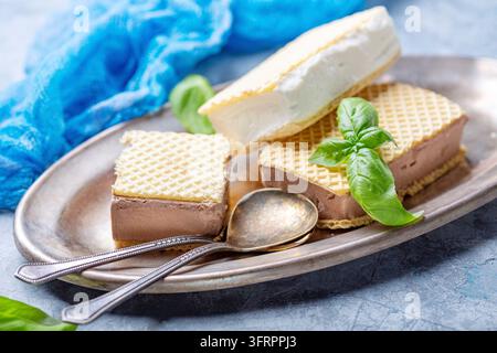Panini di waffle con gelato artigianale al cioccolato e alla vaniglia su un vassoio di metallo, messa a fuoco selettiva Foto Stock