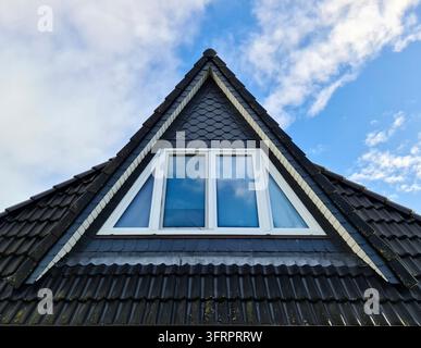 Finestra a tetto aperta in stile Velux con tegole nere Foto Stock