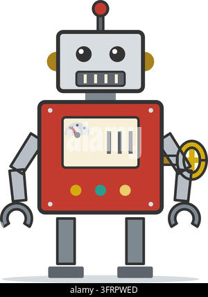 Illustrazione vettoriale piatta di un robot giocattolo in banda stagnata retrò con corpo rosso, chiave a carica, mani a artiglio e antenna, isolato su sfondo bianco. Illustrazione Vettoriale