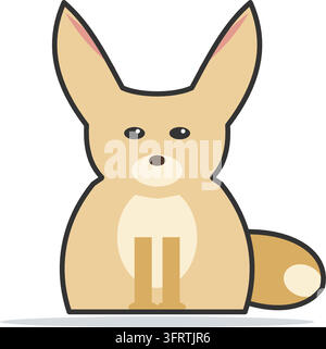 Illustrazione vettoriale piatta di una volpe fennec carina con orecchie enormi e una coda soffice seduta sulla sabbia del deserto, isolata su sfondo bianco. Illustrazione Vettoriale