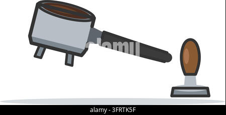 Illustrazione vettoriale piatta di un portafiltro per espresso con un puck di caffè e due beccucci accanto a un tamper, isolato su sfondo bianco. Illustrazione Vettoriale