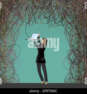 Una donna collega il suo computer a un groviglio di cavi in un'illustrazione sulla connettività del computer. Foto Stock