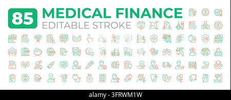 Collezione di icone a due colori su linee per le finanze mediche Illustrazione Vettoriale