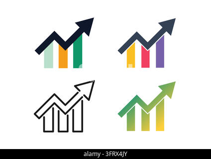 Set vettoriale di grafici di crescita finanziaria con frecce ascendenti che mostrano il successo aziendale e l'aumento dei profitti, con arte piatta, lineare e sfumature di colore Illustrazione Vettoriale