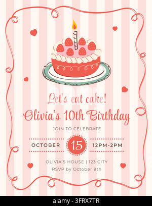 Modello carino per un biglietto di invito di compleanno in stile vintage. Biglietto di compleanno con una torta alle bacche a strisce rosa per il compleanno. Illustrazione disegnata a mano per un design di modello di invito per una festa Illustrazione Vettoriale