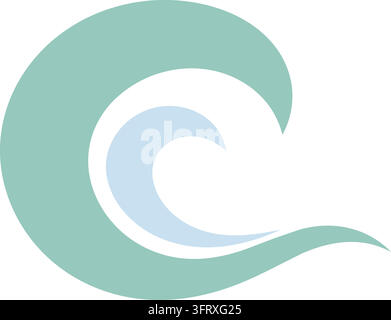 Illustrazione piatta di un'onda oceanica verde menta pallida che si arriccia in avanti con una sezione interna blu morbida e una coda inferiore ampia Illustrazione Vettoriale