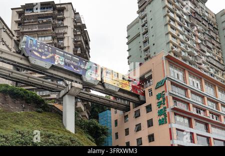 Chongqing, Cina - 8 giu 2026 - Una monorail urbana impressionante scivola senza into la facciata di un vivace edificio residenziale alto all’iconico Li Foto Stock