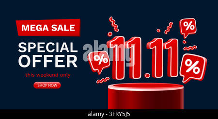 Banner di Mega Sale e Offerta Speciale 11.11 su sfondo scuro, ideale per promozioni online ed eventi di shopping. Illustrazione vettoriale Illustrazione Vettoriale