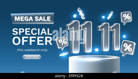 Banner della vendita speciale 11.11 e offerta speciale. Questo design blu vivace presenta numeri 3D e icone di sconto. Illustrazione vettoriale Illustrazione Vettoriale