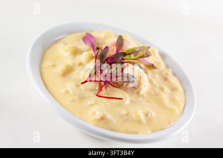 Una fotografia alimentare in studio a distanza ravvicinata angolata di una ciotola di ceramica bianca ripiena di ricco maccheroni al formaggio con aragosta con teneri pezzi di pasta all'aragosta Foto Stock