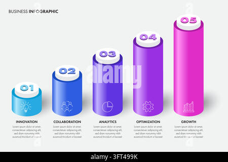 Infografica aziendale a diagramma a barre cilindrico 3D con 5 passaggi Illustrazione Vettoriale